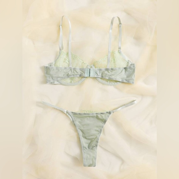 Pure Desire Sage Green 🌿 sheer/mesh embroidery Bra & thong Medium🔥Never worn🔥 - Picture 4 of 11